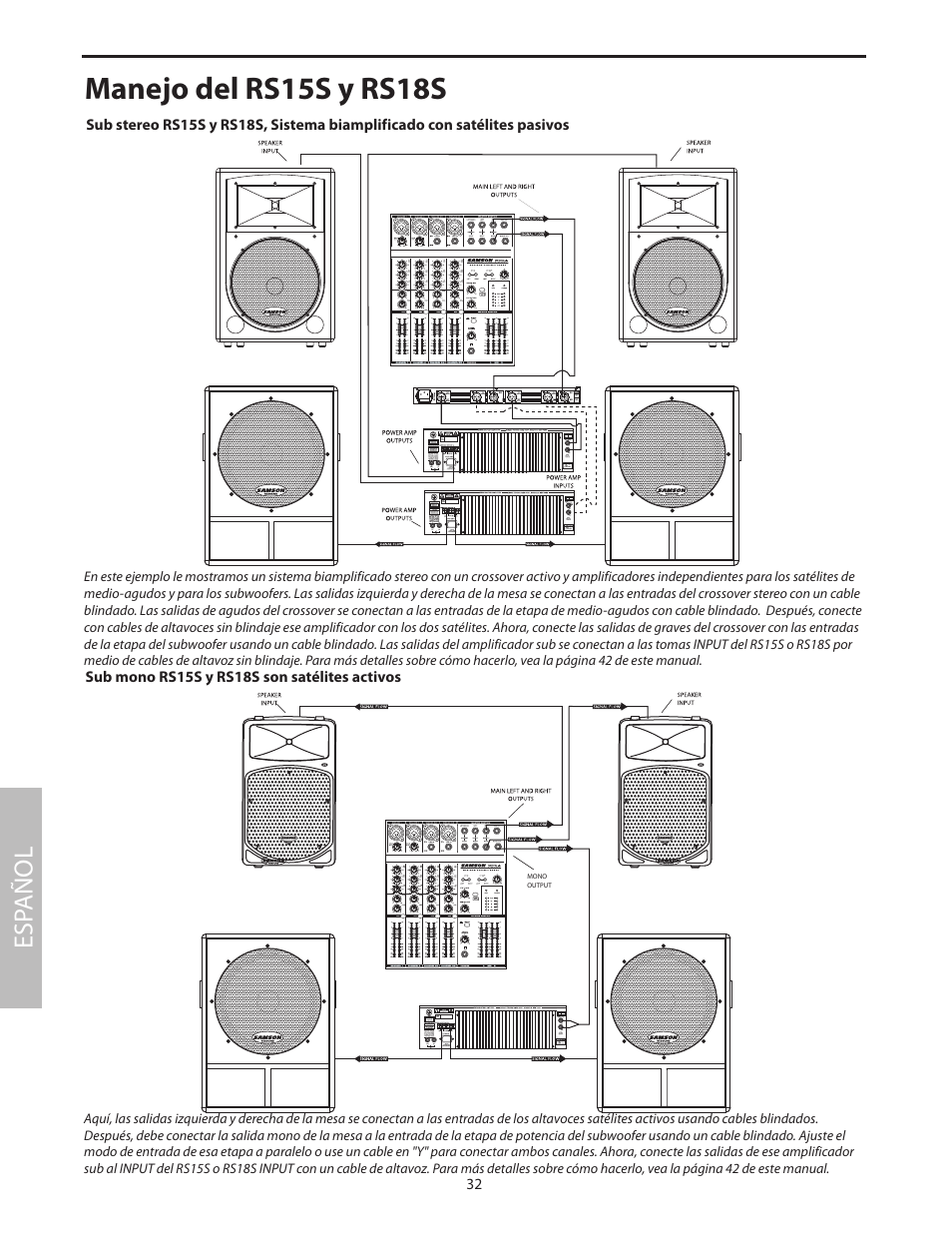 Manejo del rs15s y rs18s, Sub mono rs15s y rs18s son satélites activos, Esp añol | Samson RS18S User Manual | Page 34 / 50