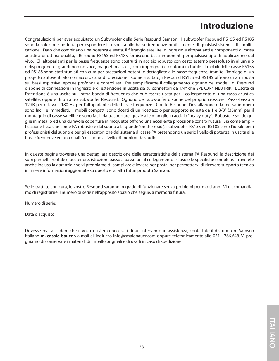 Italiano, Introduzione, It aliano | Samson RS18S User Manual | Page 35 / 50