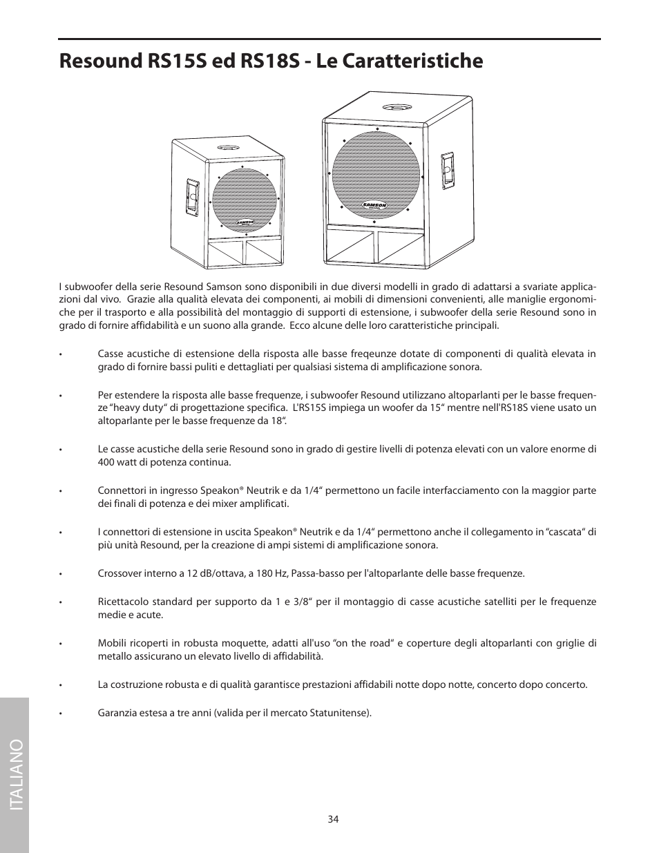 Resound rs15s ed rs18s - le caratteristiche, It aliano | Samson RS18S User Manual | Page 36 / 50