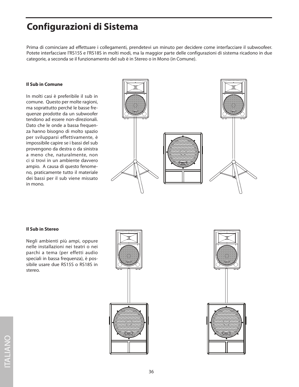 Configurazioni di sistema, Il sub in comune, Il sub in stereo | It aliano | Samson RS18S User Manual | Page 38 / 50