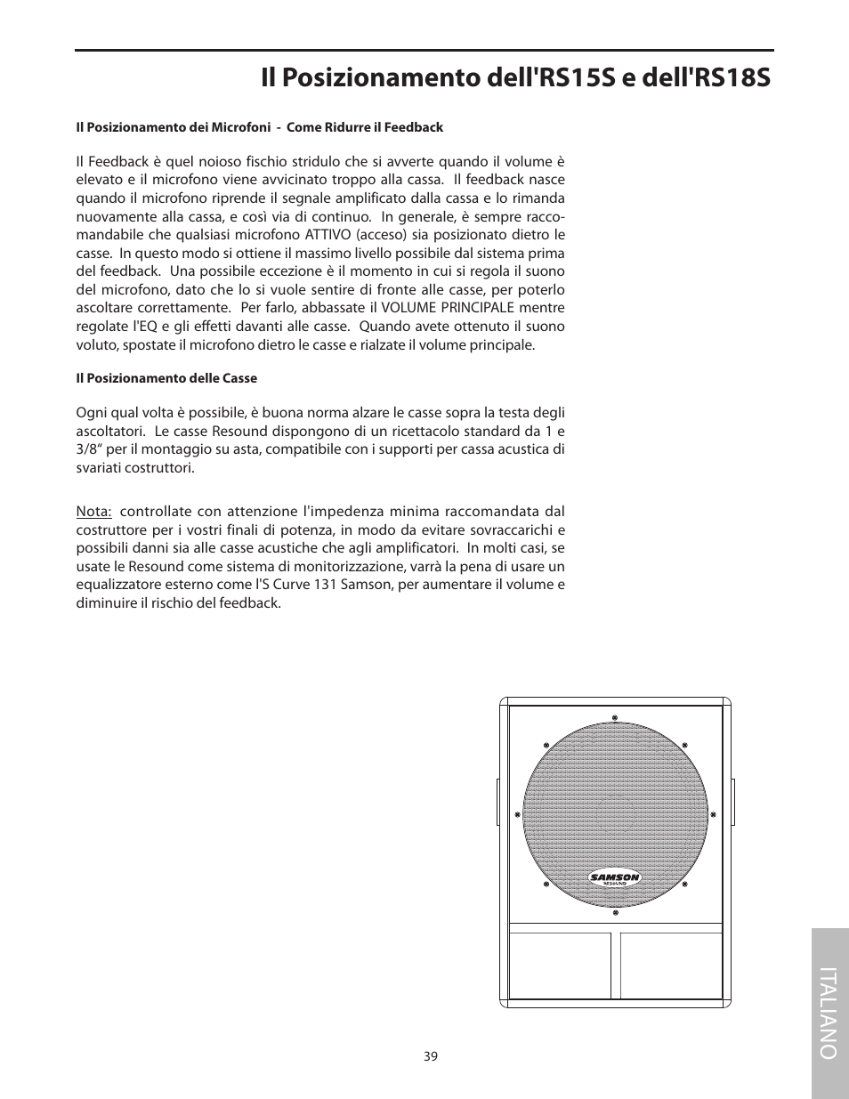 Il posizionamento dell'rs15s e dell'rs18s, Il posizionamento delle casse, It aliano | Samson RS18S User Manual | Page 41 / 50