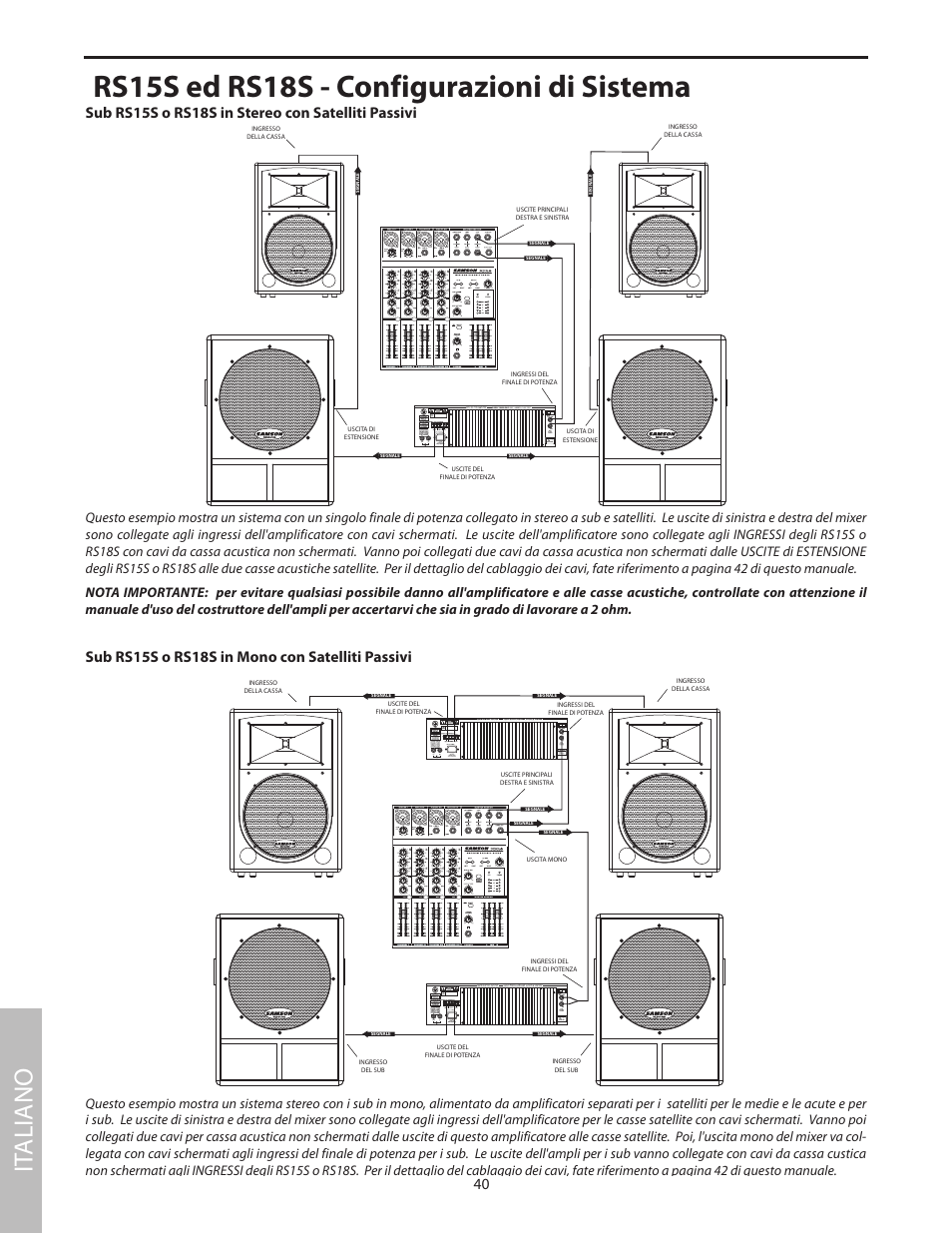 Rs15s ed rs18s - configurazioni di sistema, Sub rs15s o rs18s in stereo con satelliti passivi, Sub rs15s o rs18s in mono con satelliti passivi | It aliano | Samson RS18S User Manual | Page 42 / 50