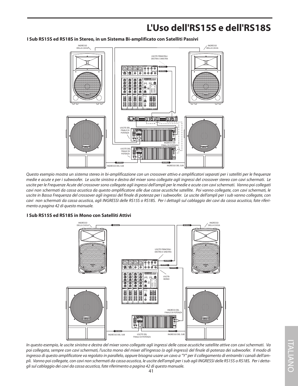 L'uso dell'rs15s e dell'rs18s, I sub rs15s ed rs18s in mono con satelliti attivi, It aliano | Samson RS18S User Manual | Page 43 / 50