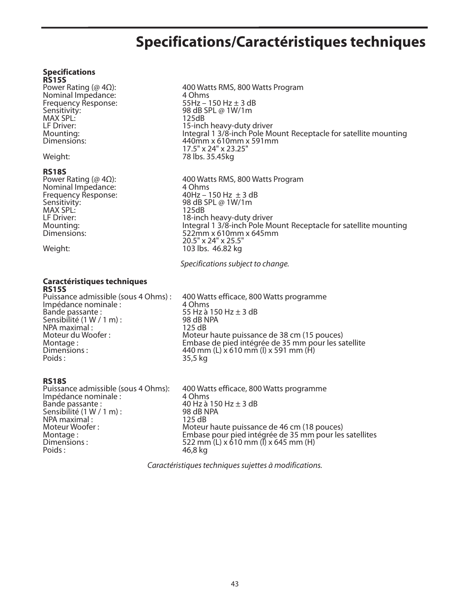 Specifications, Caractéristiques techniques, Specifications/caractéristiques techniques | Samson RS18S User Manual | Page 45 / 50