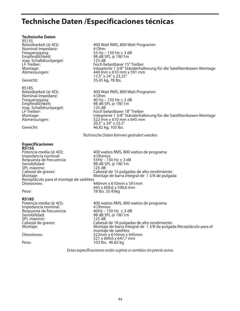 Technische daten, Especificaciones, Technische daten /especificaciones técnicas | Samson RS18S User Manual | Page 46 / 50