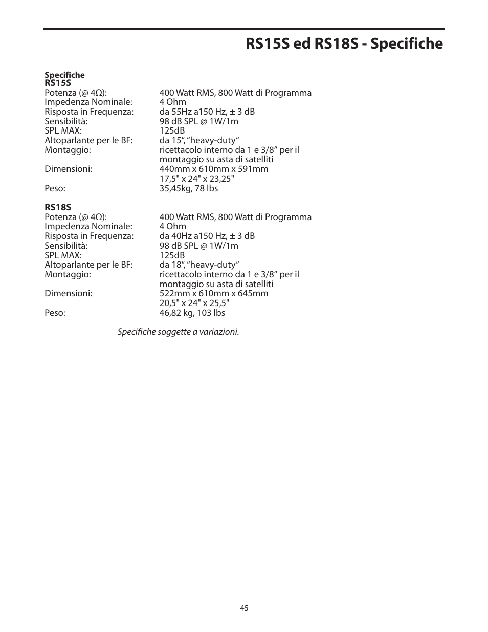 Specifiche, Rs15s ed rs18s - specifiche | Samson RS18S User Manual | Page 47 / 50