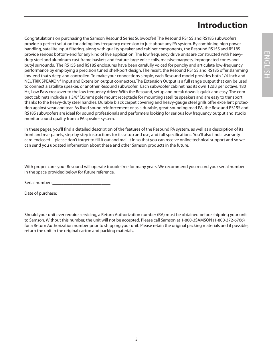 Introduction, English | Samson RS18S User Manual | Page 5 / 50