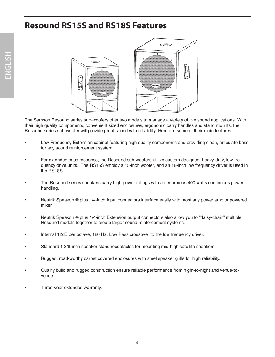 Resound rs15s and rs18s features, English | Samson RS18S User Manual | Page 6 / 50