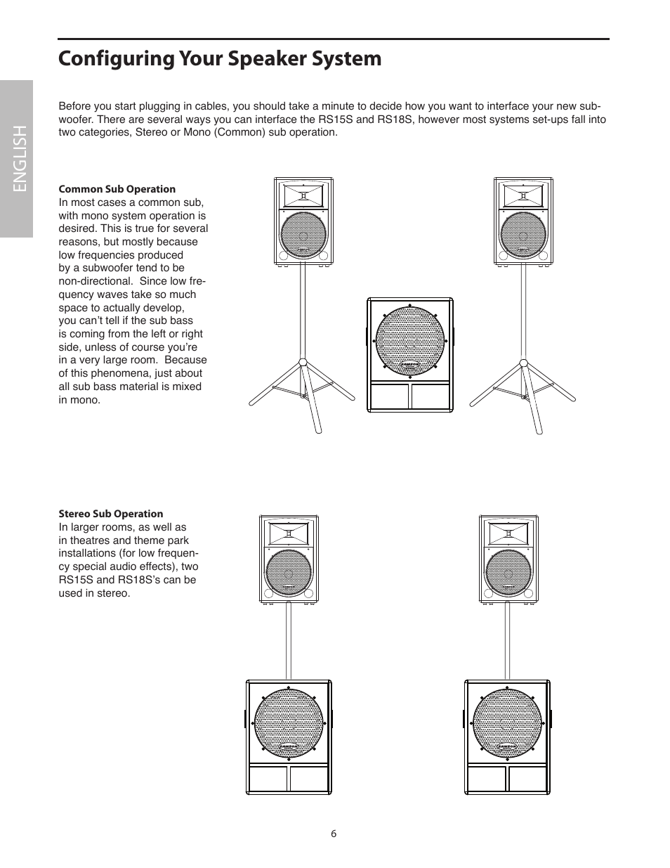 Configuring your speaker system, Common sub operation, Stereo sub operation | English | Samson RS18S User Manual | Page 8 / 50