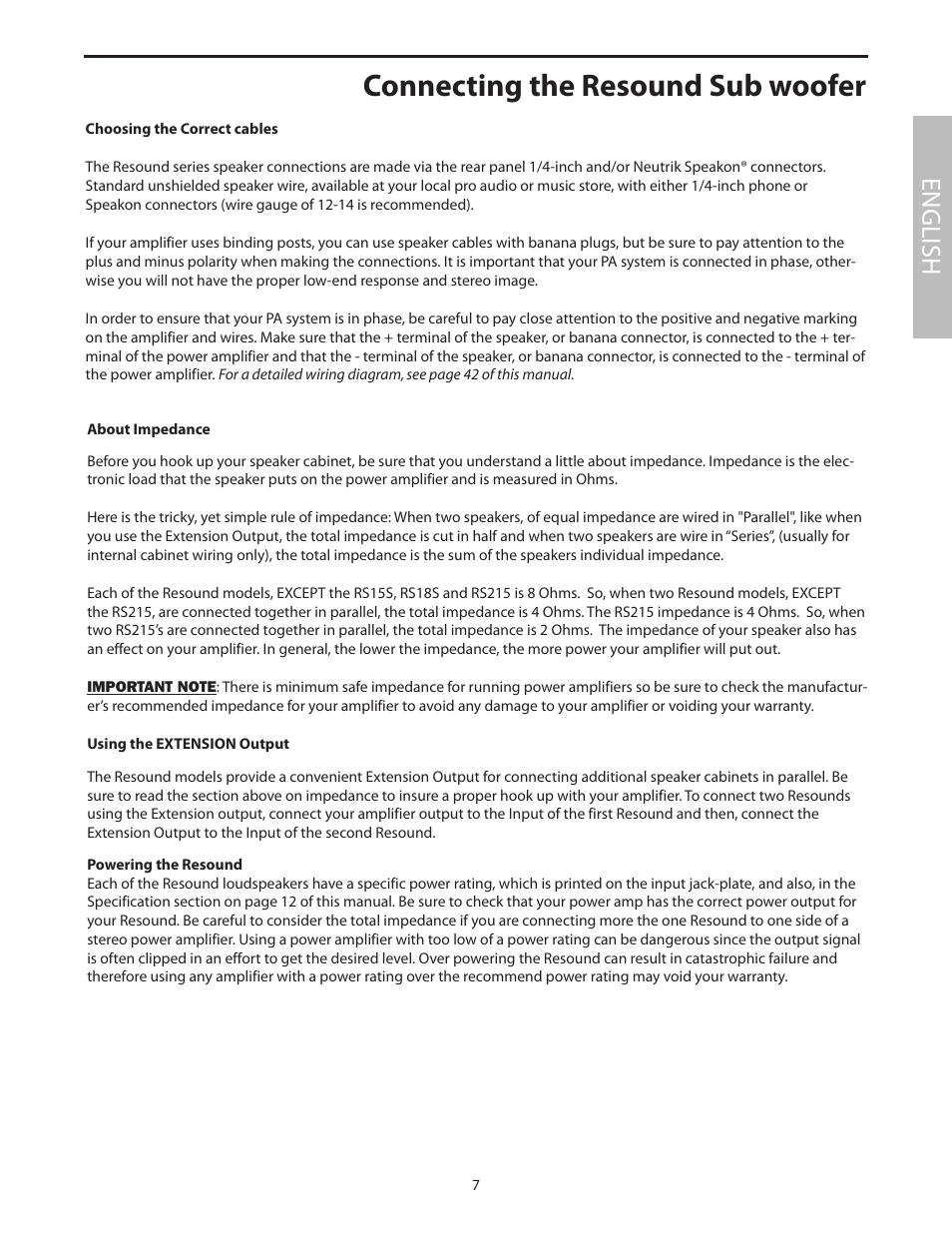 Connecting the resound sub woofer, Choosing the correct cables, About impedance | Using the extension output, Powering the resound, English | Samson RS18S User Manual | Page 9 / 50