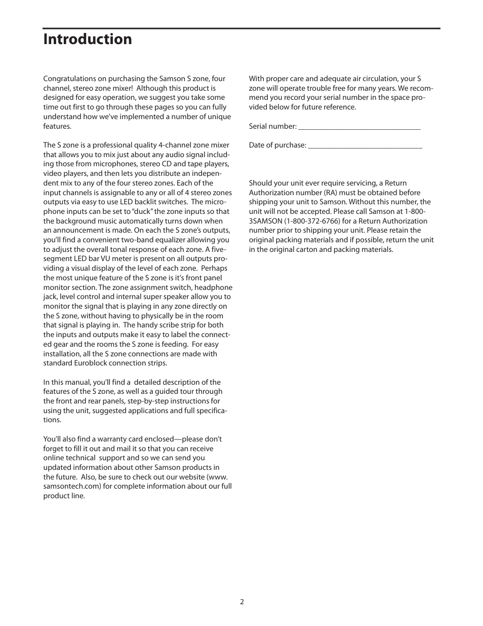 Introduction | Samson S.zone S Class User Manual | Page 4 / 28