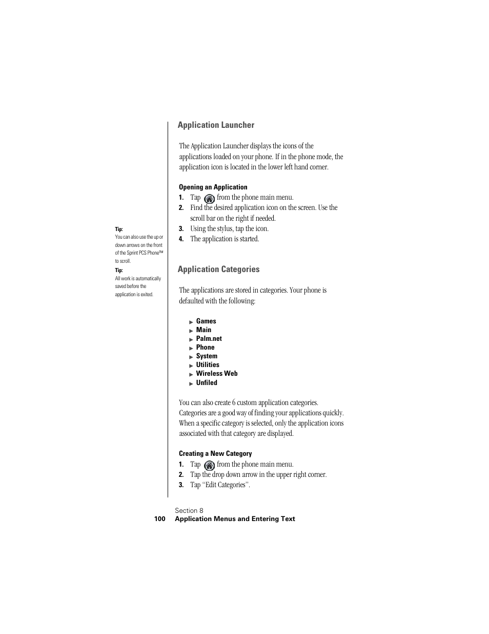 Application launcher, Opening an application, Application categories | Creating a new category | Samsung SPH-I300 User Manual | Page 103 / 313