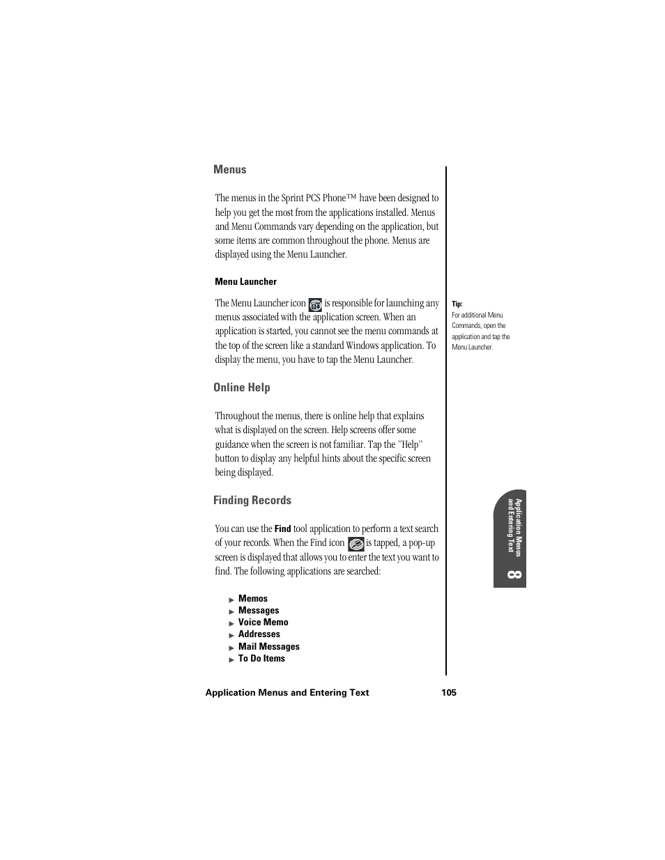 Menus, Menu launcher, Online help | Finding records, Ap 8 | Samsung SPH-I300 User Manual | Page 108 / 313
