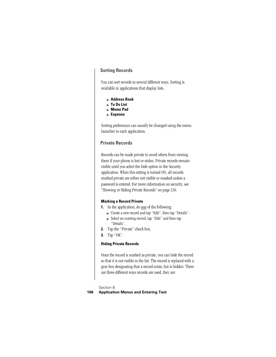 Sorting records, Private records, Marking a record private | Hiding private records | Samsung SPH-I300 User Manual | Page 109 / 313