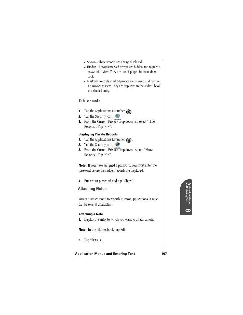 Displaying private records, Attaching notes, Attaching a note | Ap 8 | Samsung SPH-I300 User Manual | Page 110 / 313