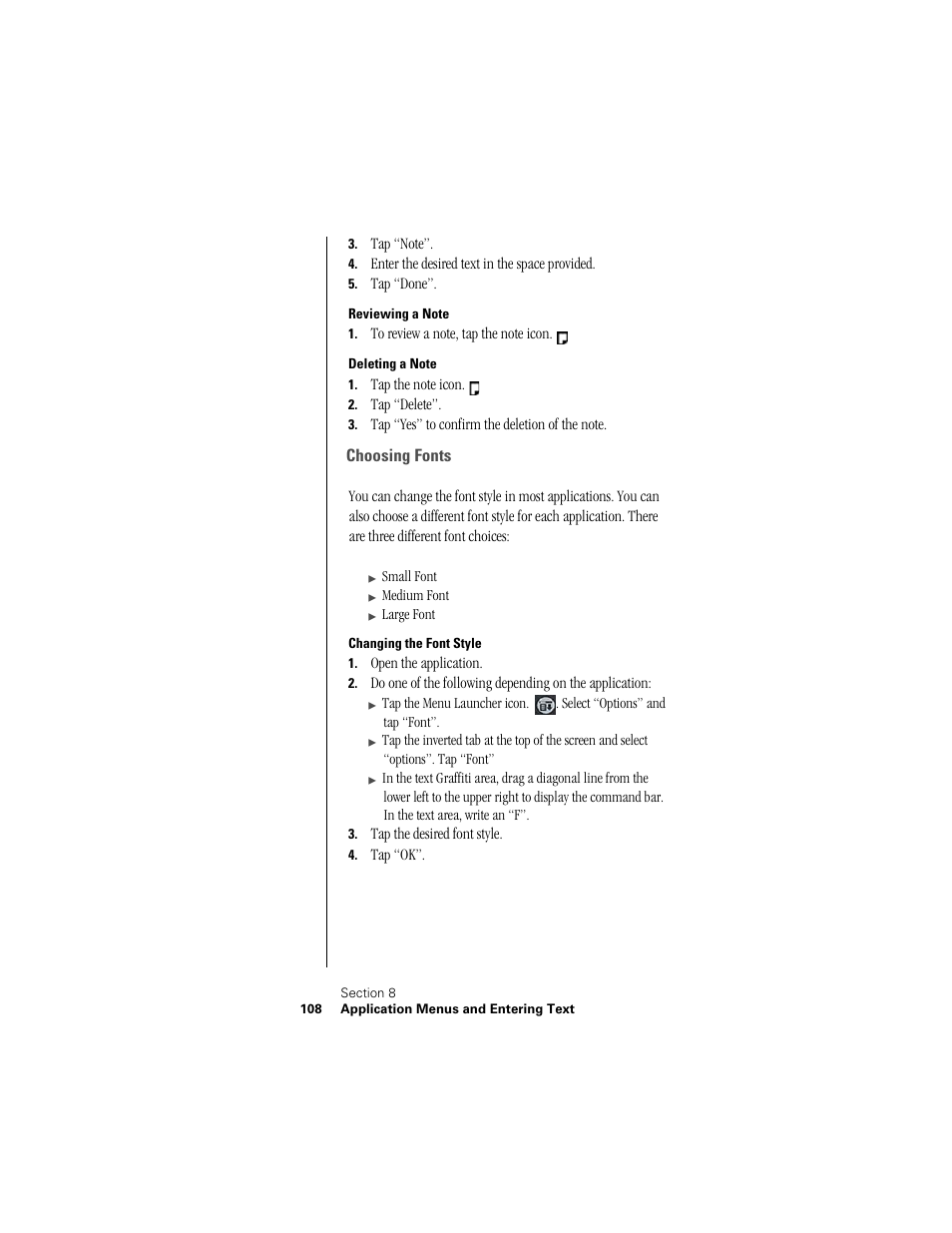 Reviewing a note, Deleting a note, Choosing fonts | Changing the font style | Samsung SPH-I300 User Manual | Page 111 / 313