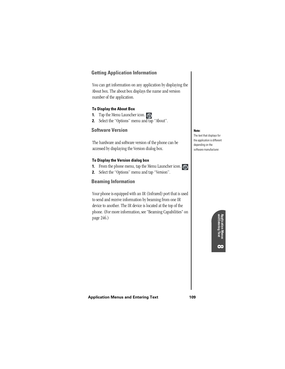 Getting application information, To display the about box, Software version | To display the version dialog box, Beaming information, Ap 8 | Samsung SPH-I300 User Manual | Page 112 / 313