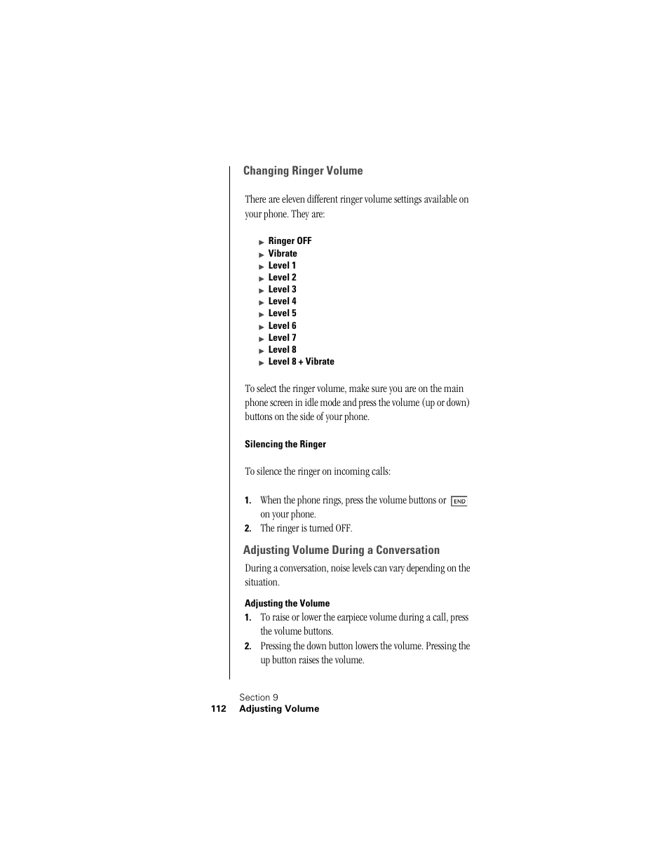 Changing ringer volume, Silencing the ringer, Adjusting volume during a conversation | Adjusting the volume | Samsung SPH-I300 User Manual | Page 115 / 313