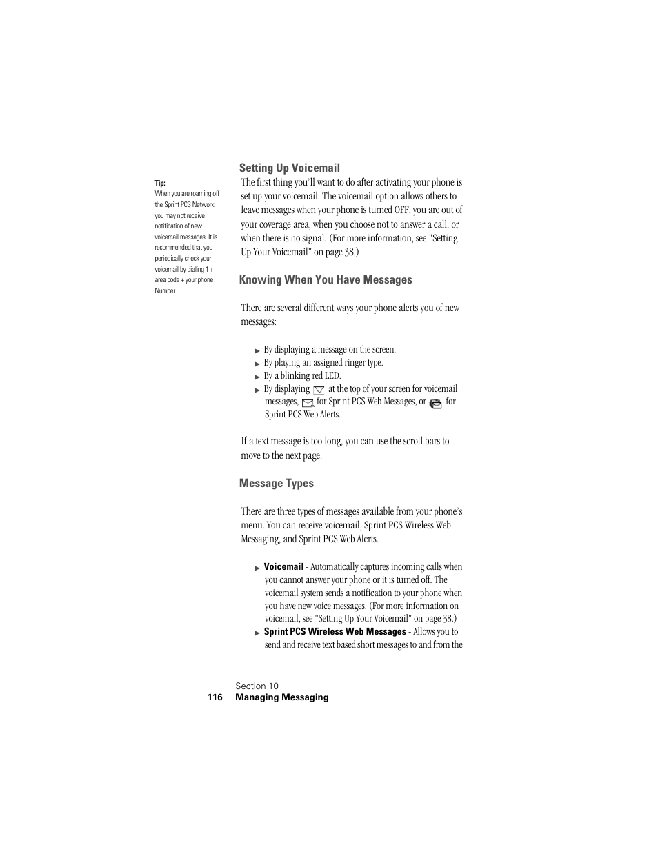 Setting up voicemail, Knowing when you have messages, Message types | Samsung SPH-I300 User Manual | Page 119 / 313