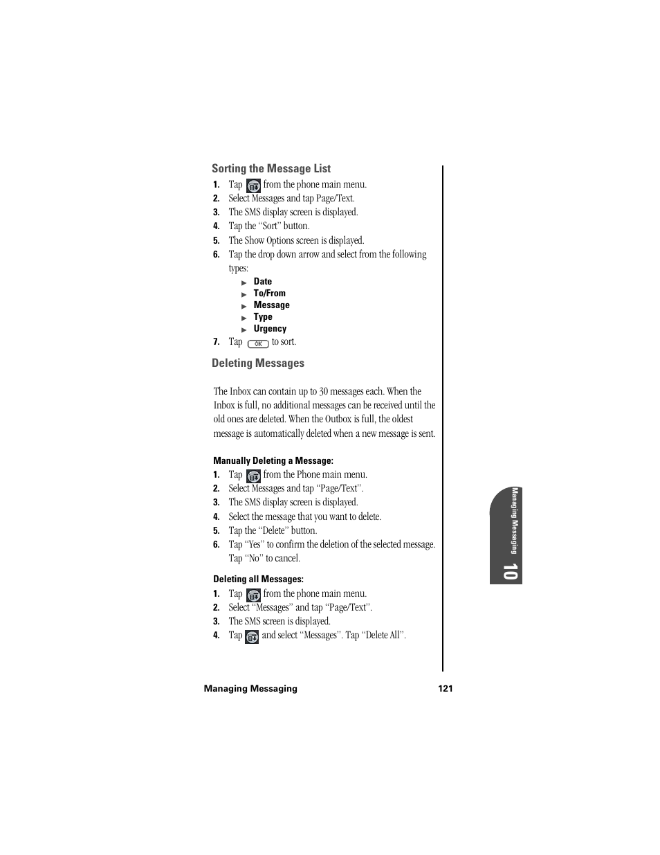 Sorting the message list, Deleting messages, Manually deleting a message | Deleting all messages | Samsung SPH-I300 User Manual | Page 124 / 313
