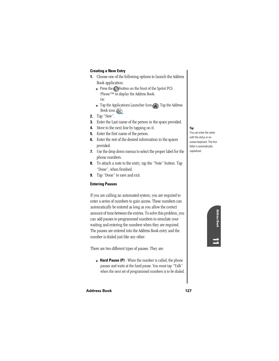 Creating a new entry, Entering pauses, Ad 11 | Samsung SPH-I300 User Manual | Page 130 / 313