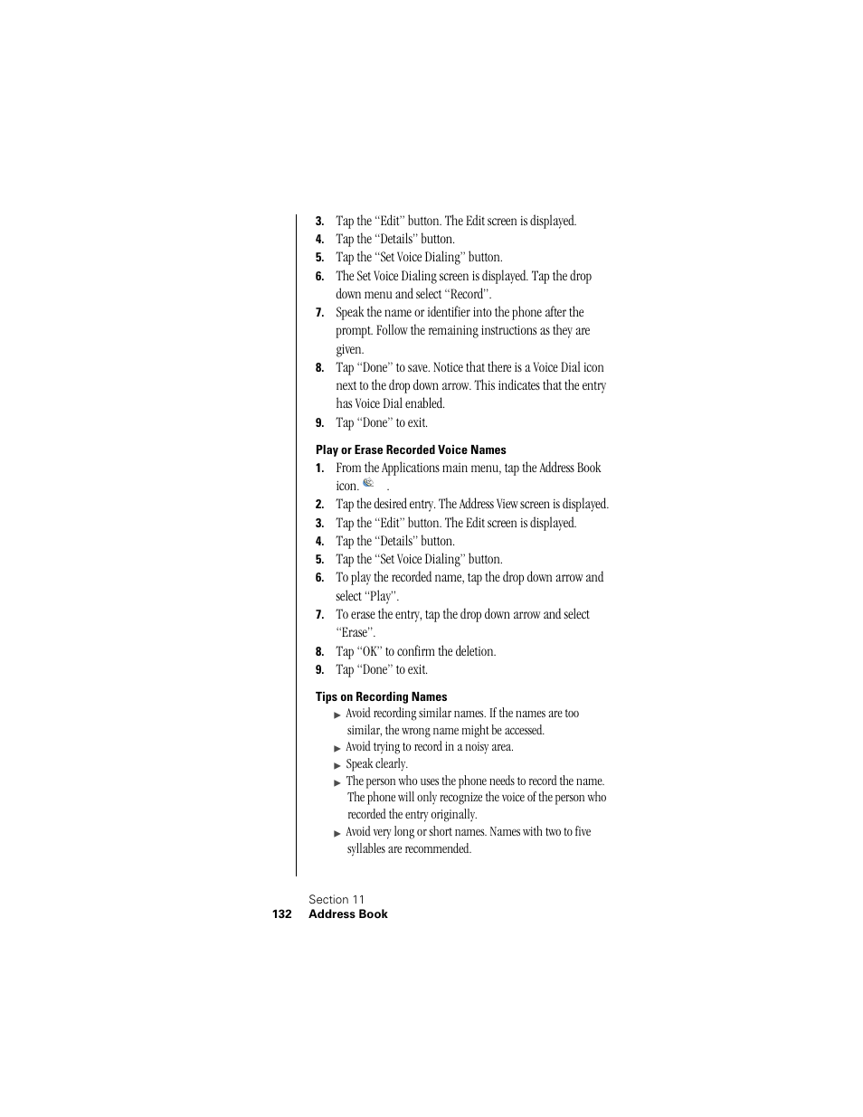 Play or erase recorded voice names, Tips on recording names | Samsung SPH-I300 User Manual | Page 135 / 313