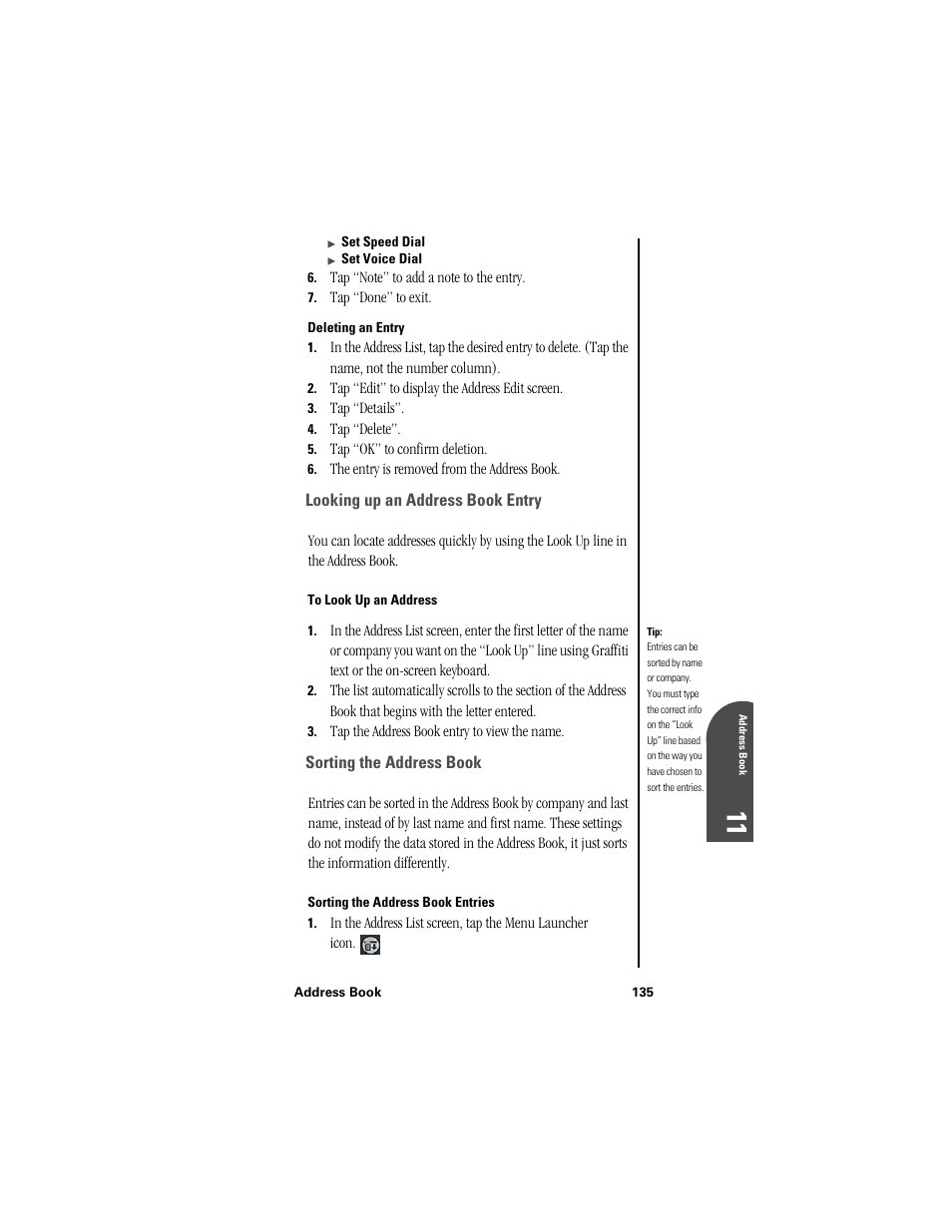 Deleting an entry, Looking up an address book entry, To look up an address | Sorting the address book, Sorting the address book entries, Ad 11 | Samsung SPH-I300 User Manual | Page 138 / 313