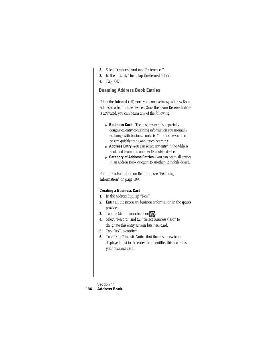 Beaming address book entries, Creating a business card | Samsung SPH-I300 User Manual | Page 139 / 313