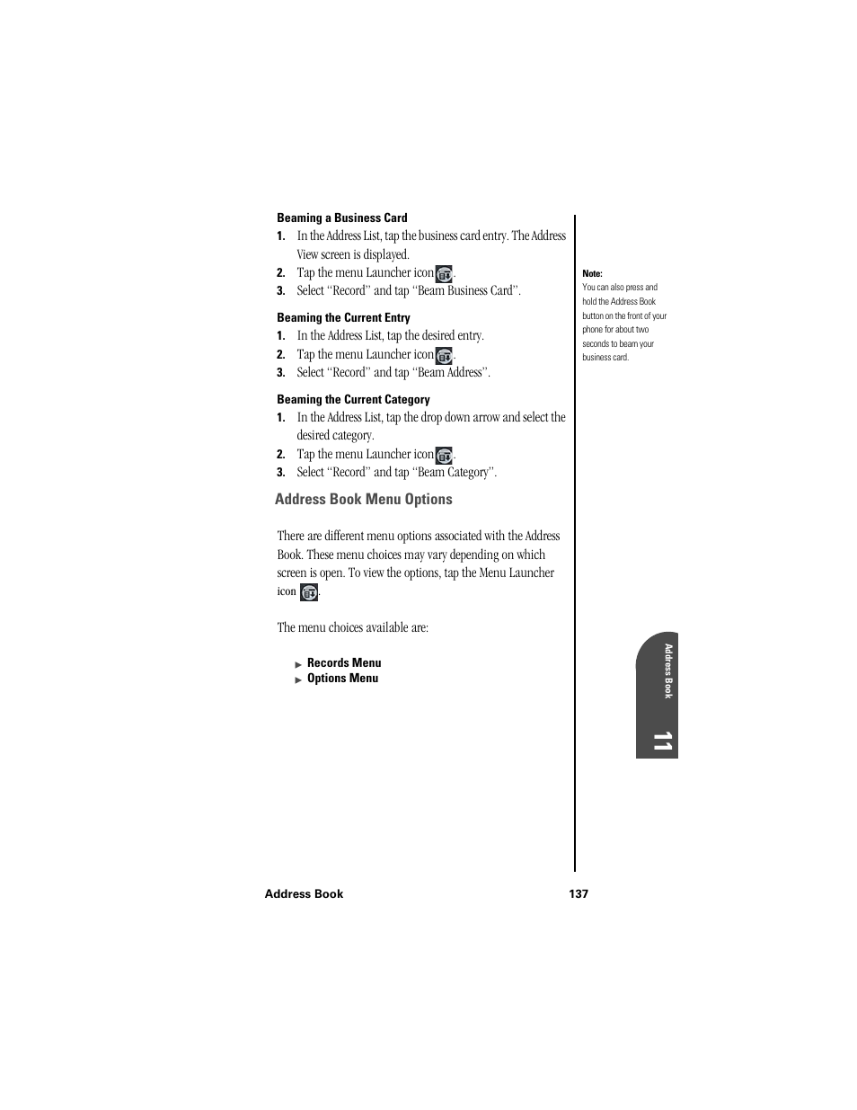 Beaming a business card, Beaming the current entry, Beaming the current category | Address book menu options, Ad 11 | Samsung SPH-I300 User Manual | Page 140 / 313