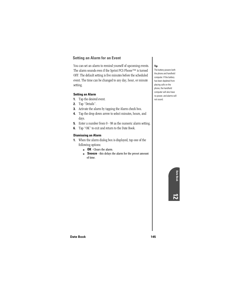 Setting an alarm for an event, Setting an alarm, Dismissing an alarm | Da 12 | Samsung SPH-I300 User Manual | Page 148 / 313