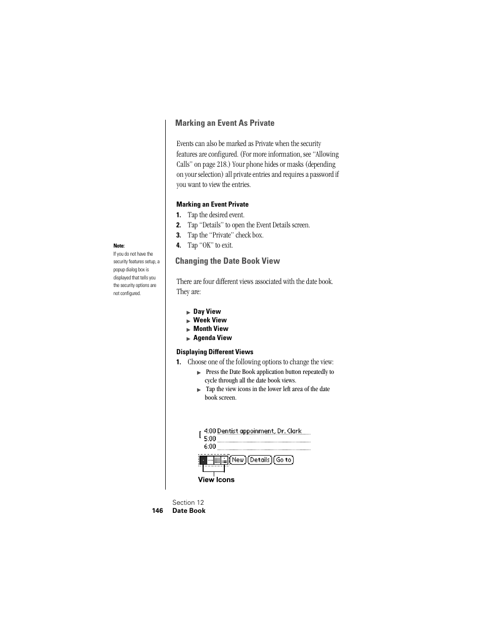 Marking an event as private, Marking an event private, Changing the date book view | Displaying different views | Samsung SPH-I300 User Manual | Page 149 / 313