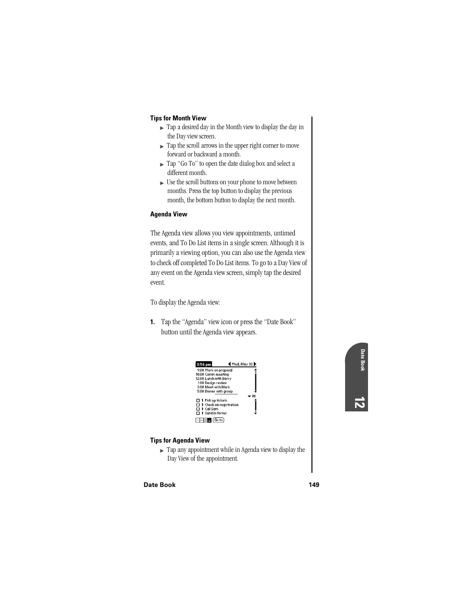 Tips for month view, Agenda view, Tips for agenda view | Da 12 | Samsung SPH-I300 User Manual | Page 152 / 313