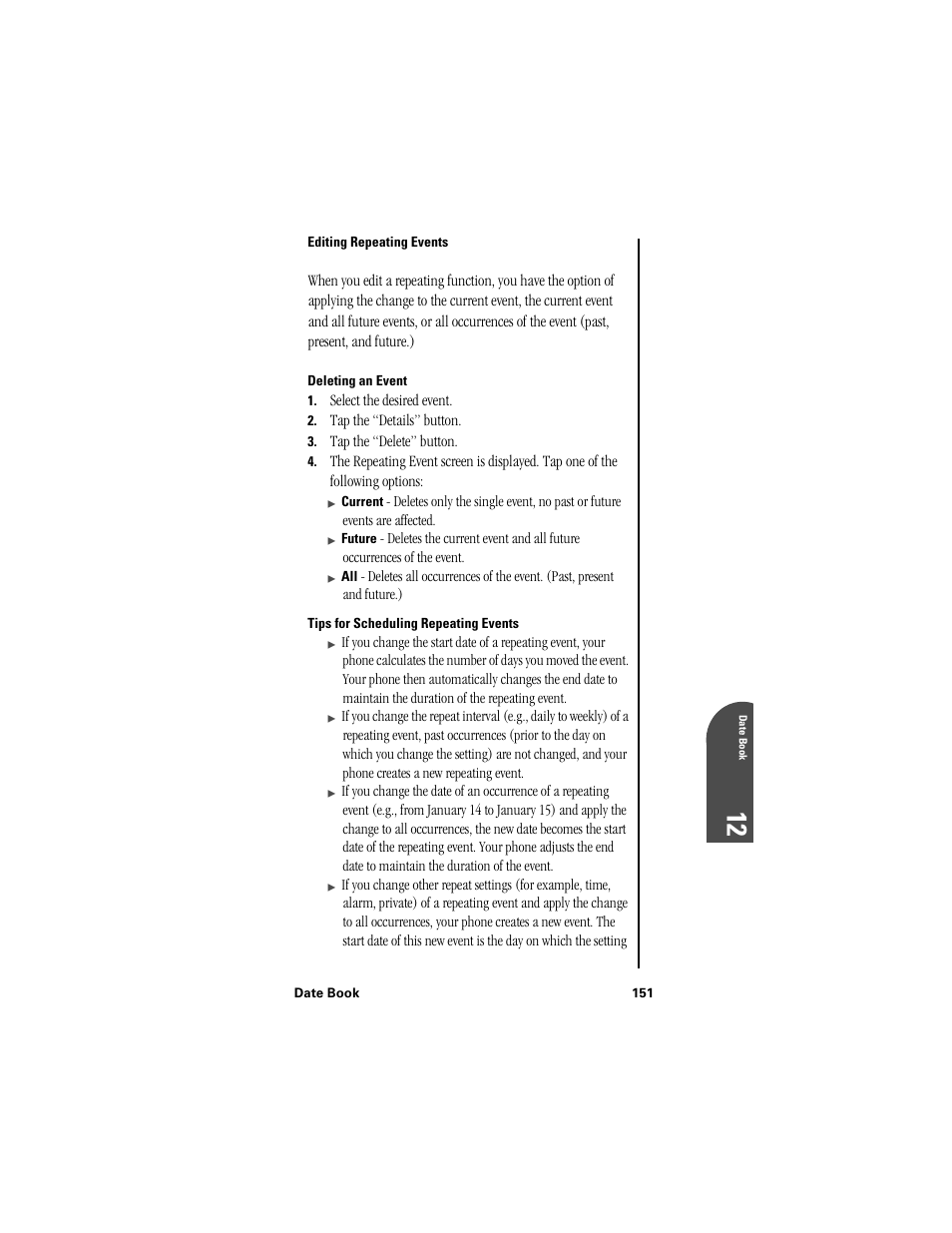 Editing repeating events, Deleting an event, Tips for scheduling repeating events | Da 12 | Samsung SPH-I300 User Manual | Page 154 / 313