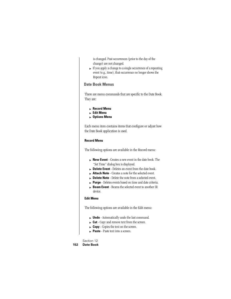 Date book menus, Record menu, Edit menu | Samsung SPH-I300 User Manual | Page 155 / 313