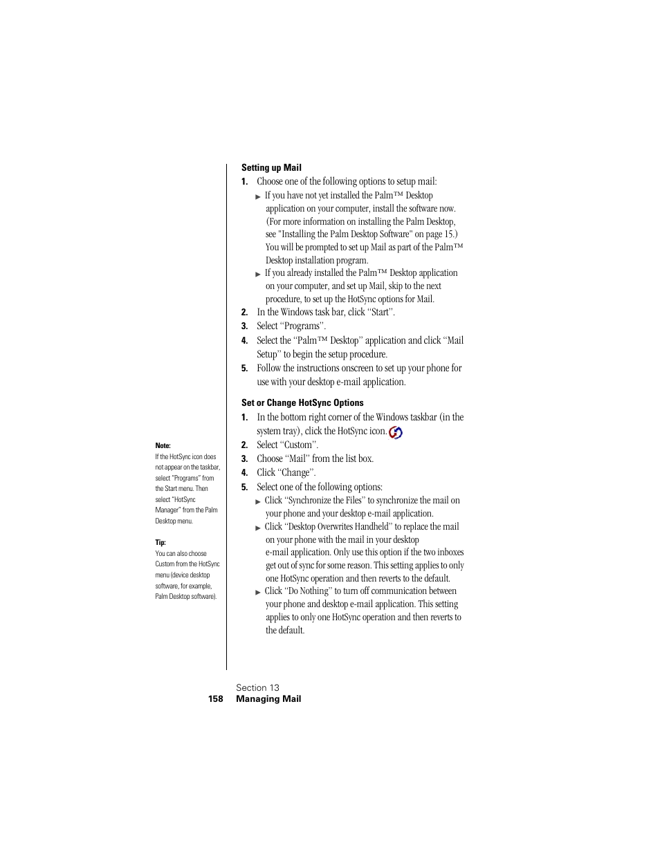 Setting up mail, Set or change hotsync options | Samsung SPH-I300 User Manual | Page 161 / 313