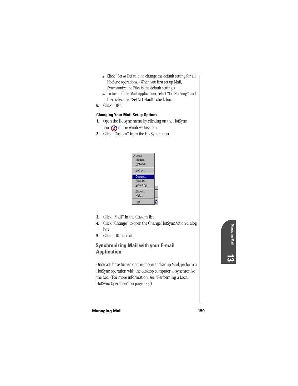 Changing your mail setup options, Synchronizing mail with your e-mail application | Samsung SPH-I300 User Manual | Page 162 / 313