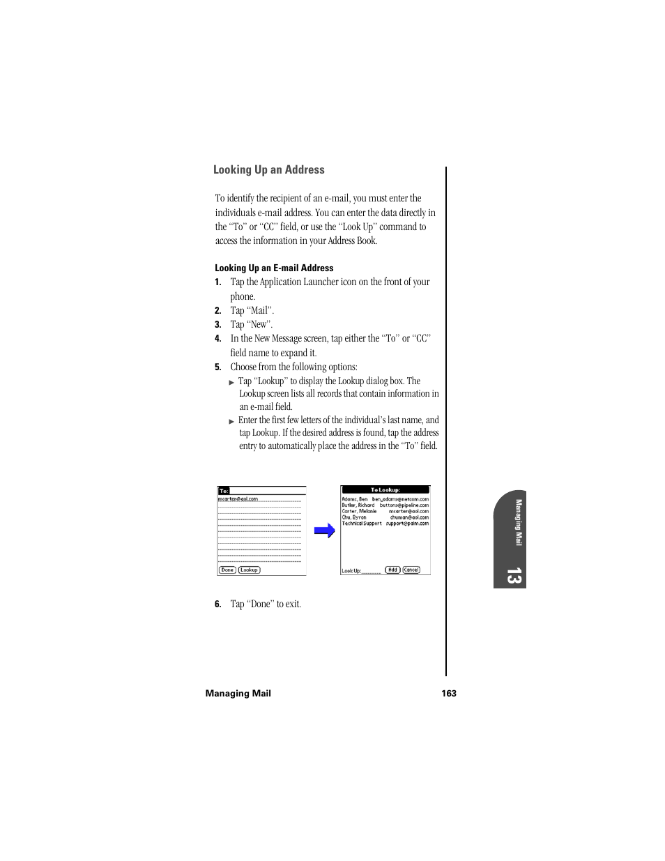 Looking up an address, Looking up an e-mail address | Samsung SPH-I300 User Manual | Page 166 / 313