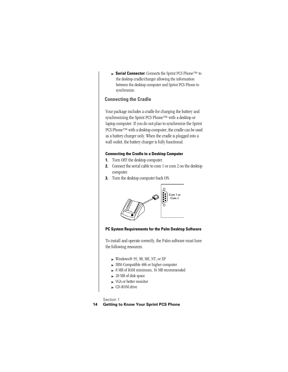 Connecting the cradle, Connecting the cradle to a desktop computer | Samsung SPH-I300 User Manual | Page 17 / 313