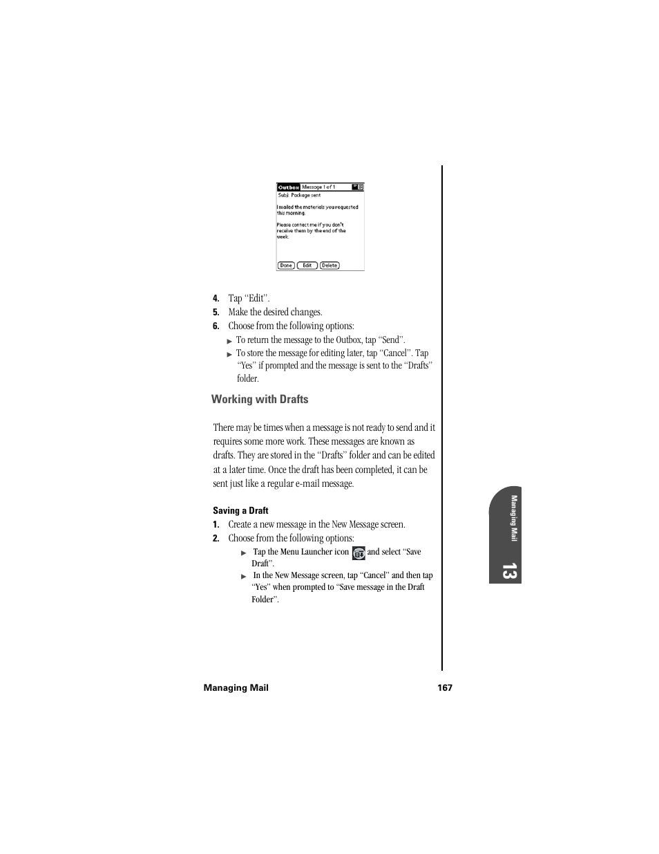 Working with drafts, Saving a draft | Samsung SPH-I300 User Manual | Page 170 / 313