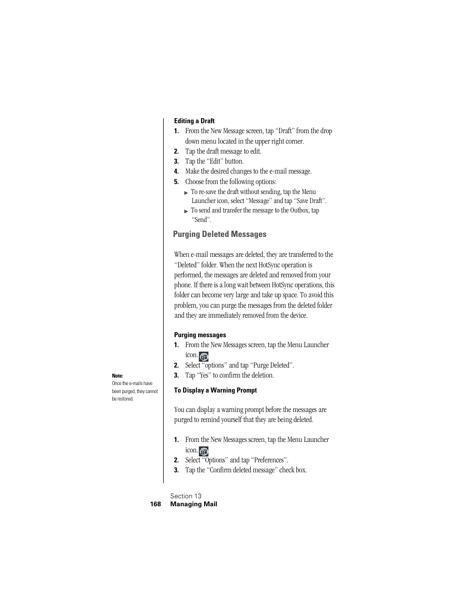 Editing a draft, Purging deleted messages, Purging messages | To display a warning prompt | Samsung SPH-I300 User Manual | Page 171 / 313