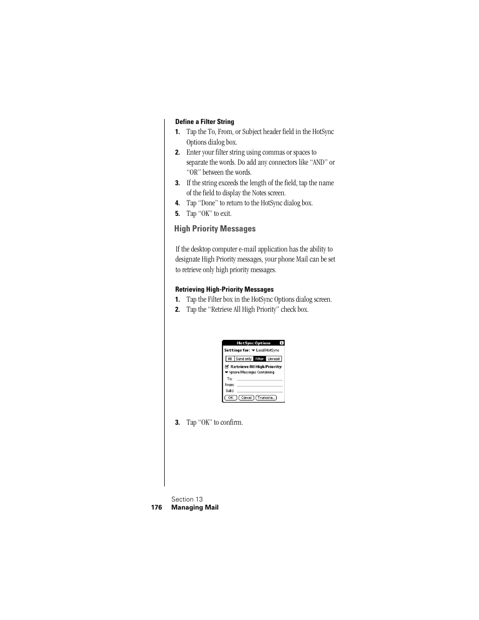 Define a filter string, High priority messages, Retrieving high-priority messages | Samsung SPH-I300 User Manual | Page 179 / 313