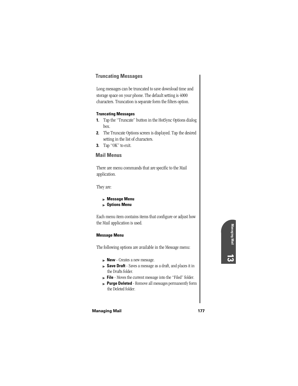 Truncating messages, Mail menus, Message menu | Samsung SPH-I300 User Manual | Page 180 / 313