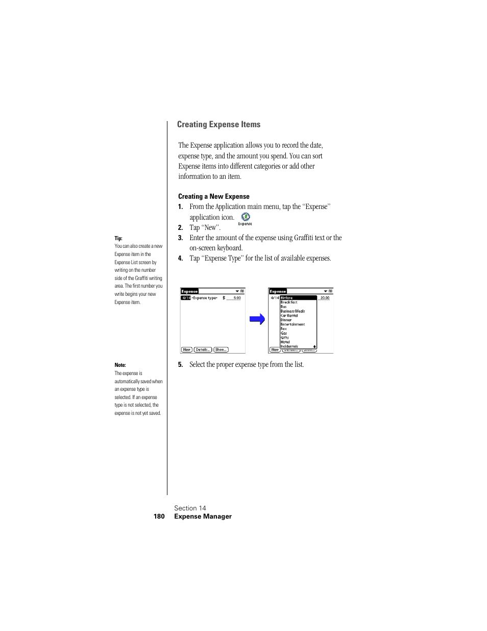 Creating expense items, Creating a new expense, Tap “new | Select the proper expense type from the list | Samsung SPH-I300 User Manual | Page 183 / 313