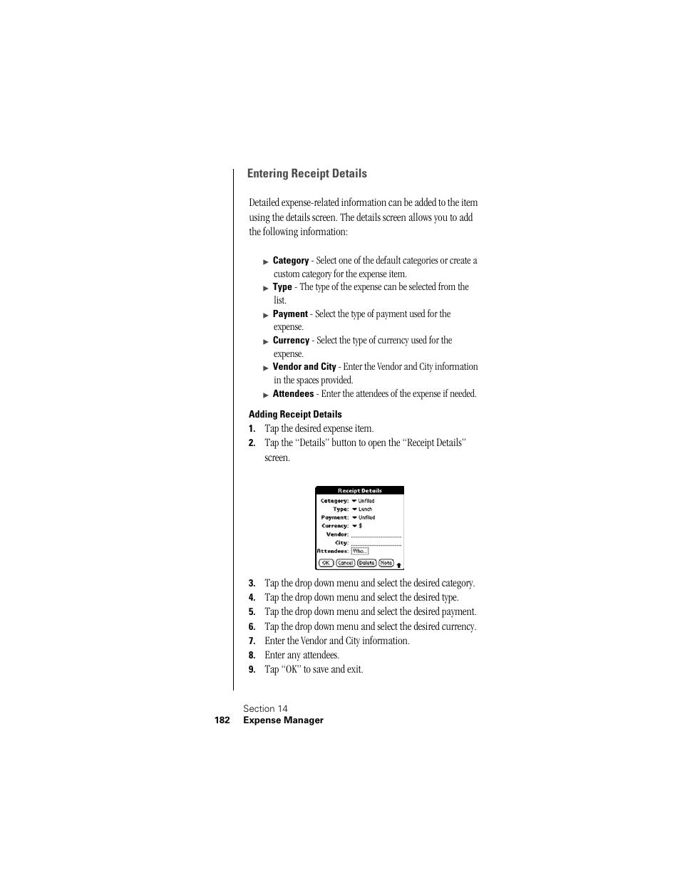 Entering receipt details, Adding receipt details | Samsung SPH-I300 User Manual | Page 185 / 313