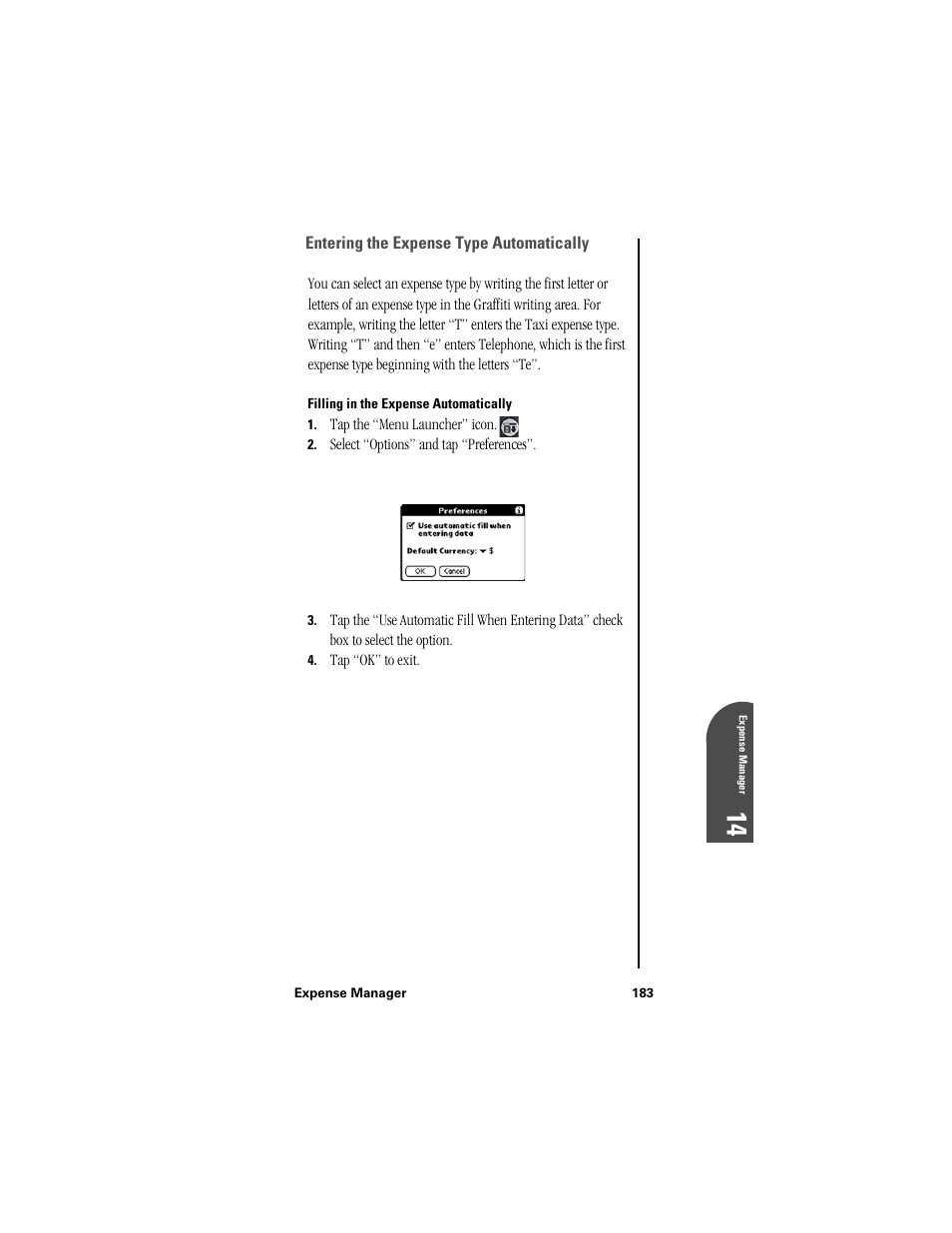 Entering the expense type automatically, Filling in the expense automatically, Ex 14 | Samsung SPH-I300 User Manual | Page 186 / 313