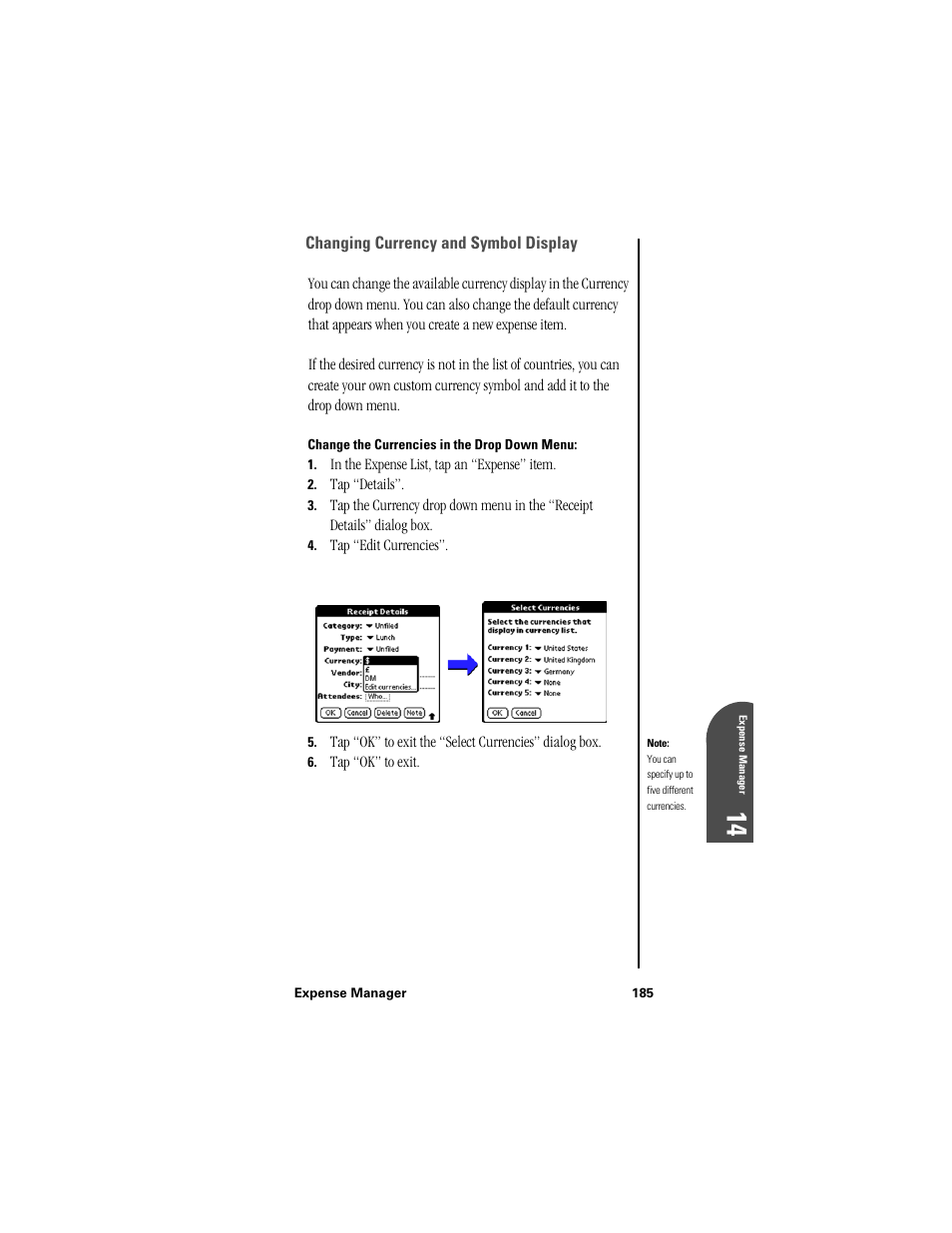 Changing currency and symbol display, Change the currencies in the drop down menu, Ex 14 | Samsung SPH-I300 User Manual | Page 188 / 313