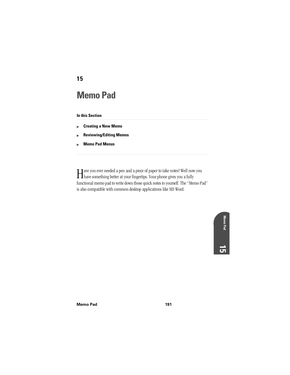 Memo pad, 15 m 15 | Samsung SPH-I300 User Manual | Page 194 / 313