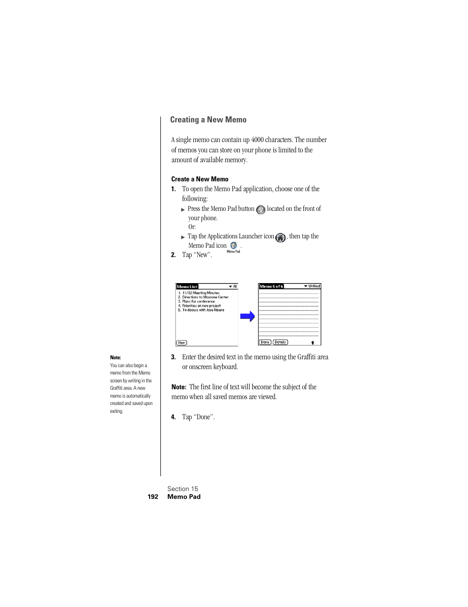 Creating a new memo, Create a new memo | Samsung SPH-I300 User Manual | Page 195 / 313