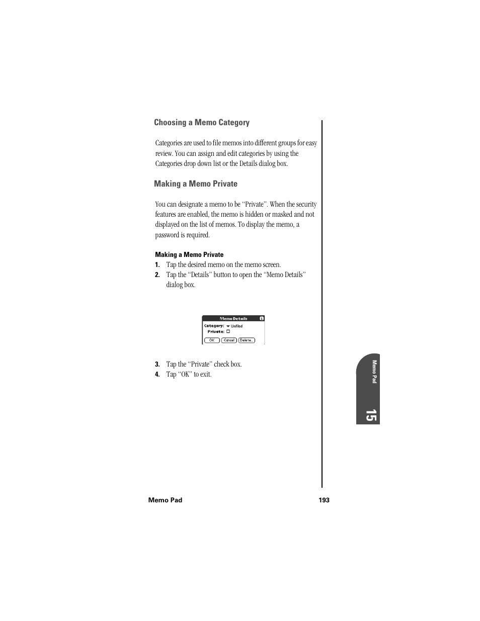 Choosing a memo category, Making a memo private | Samsung SPH-I300 User Manual | Page 196 / 313