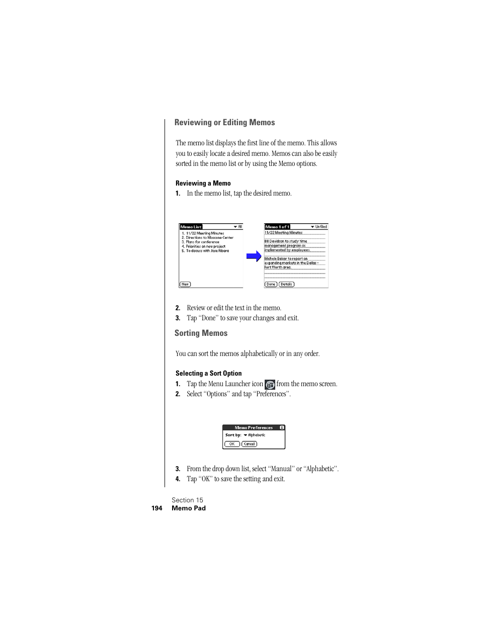 Reviewing or editing memos, Reviewing a memo, Sorting memos | Selecting a sort option | Samsung SPH-I300 User Manual | Page 197 / 313